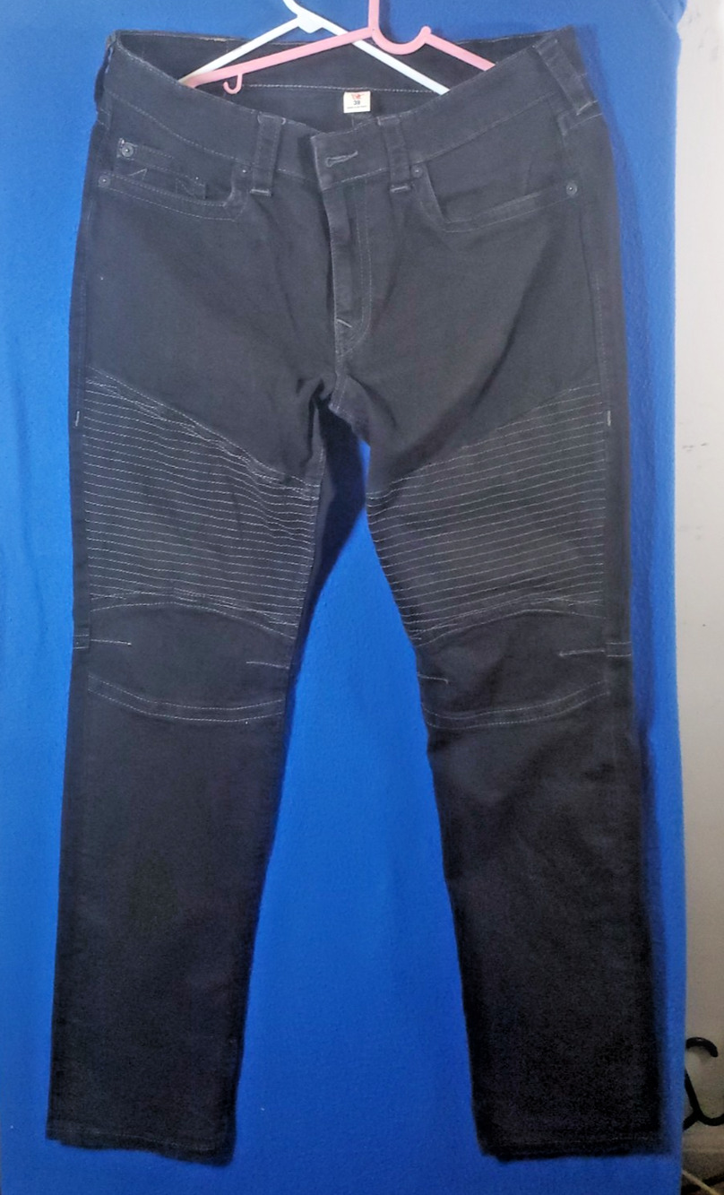 True Religion Men's 38 Moto Biker Jeans Black Ribbed Knee Slim Rocco Stretch